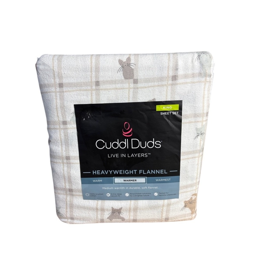 Cuddl Duds King Heavyweight Flannel Sheet Set Playful Cats Plaid Gift NEW